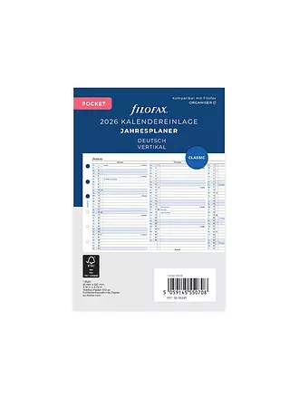 FILOFAX | Recambio de calendario Planificador anual Alemán Pocket 2026 | 